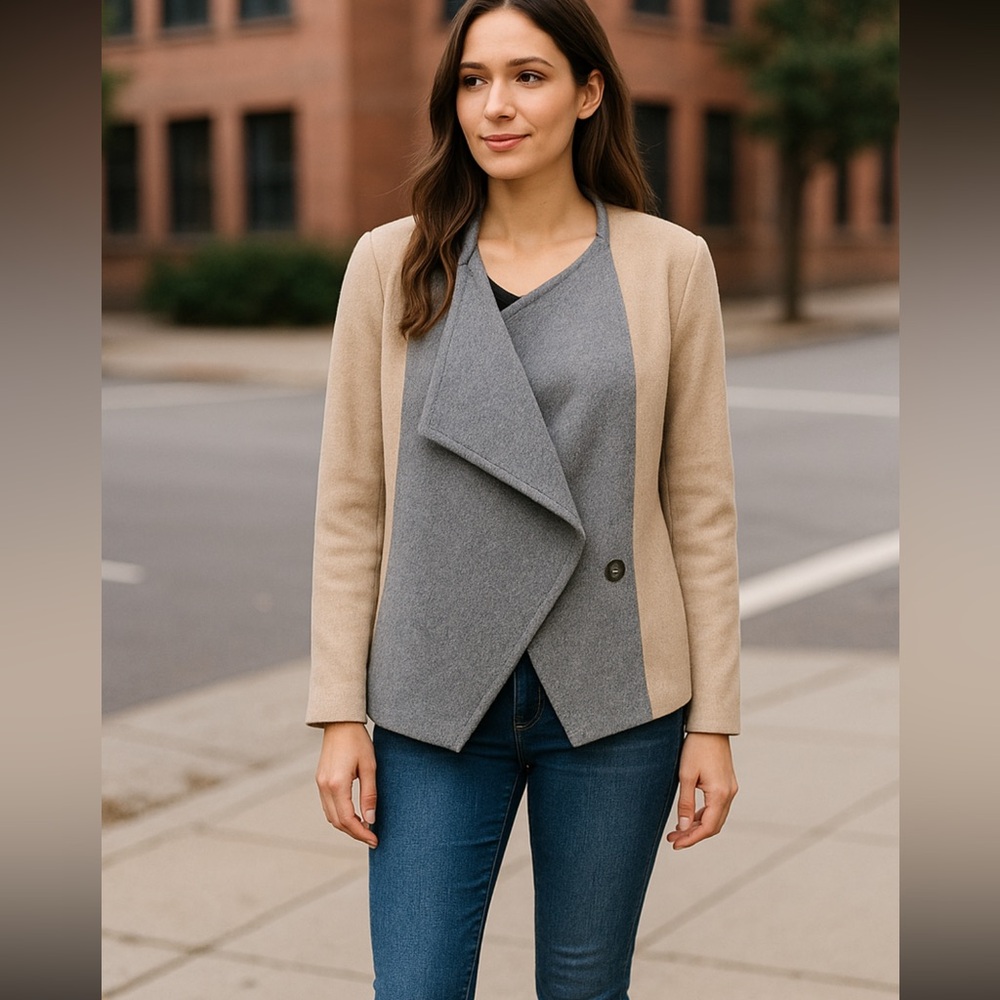Lucky Brand Wool Blend Two-Tone Gray Beige Open Front Coat Jacket Women’s Size M